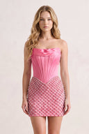 Hot Pink Corset Strapless Sheath Satin Homecoming Dress With Pearl | KISSPROM