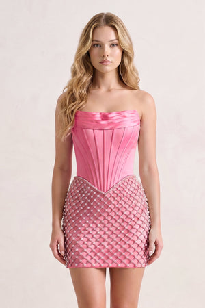 Hot Pink Corset Strapless Sheath Satin Homecoming Dress With Pearl | KISSPROM