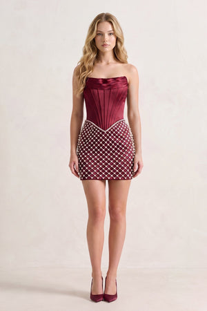 Burgundy Corset Strapless Sheath Satin Homecoming Dress With Pearl (2) | KISSPROM