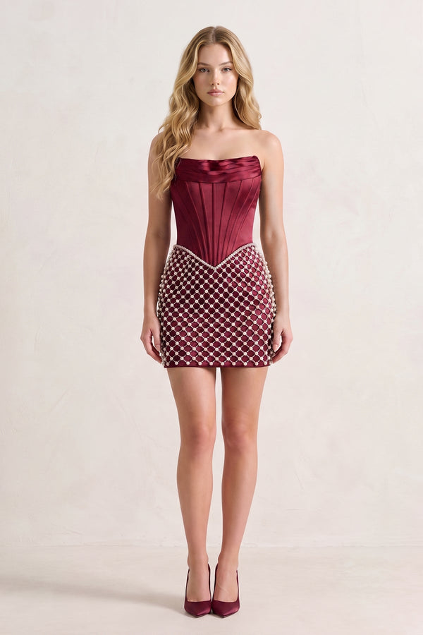 Burgundy Corset Strapless Sheath Satin Homecoming Dress With Pearl (2) | KISSPROM