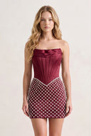 Burgundy Corset Strapless Sheath Satin Homecoming Dress With Pearl | KISSPROM