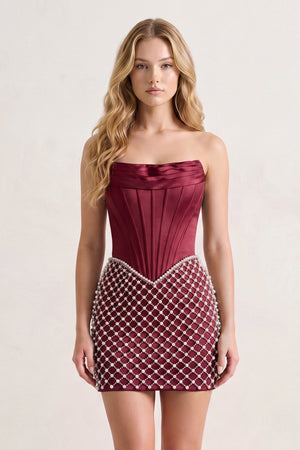 Burgundy Corset Strapless Sheath Satin Homecoming Dress With Pearl | KISSPROM