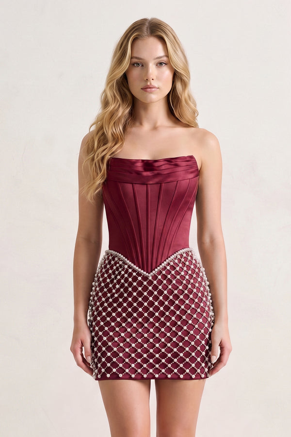 Burgundy Corset Strapless Sheath Satin Homecoming Dress With Pearl | KISSPROM