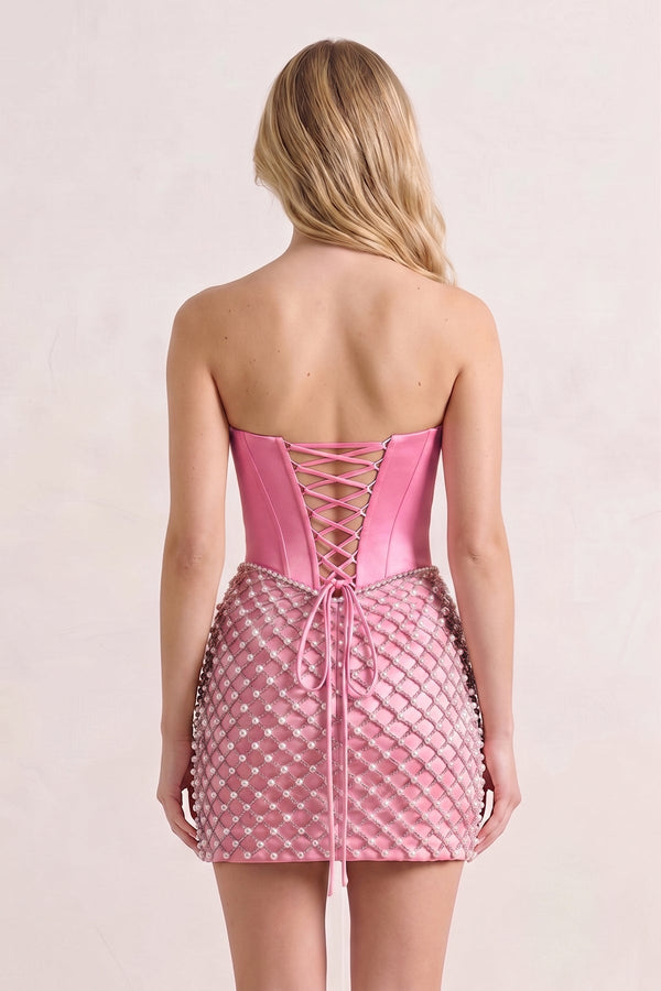 Hot Pink Corset Strapless Sheath Satin Homecoming Dress With Pearl | KISSPROM