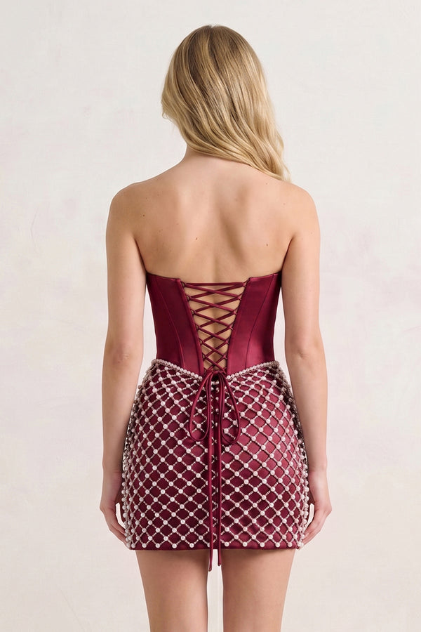 Burgundy Corset Strapless Sheath Satin Homecoming Dress With Pearl (3) | KISSPROM