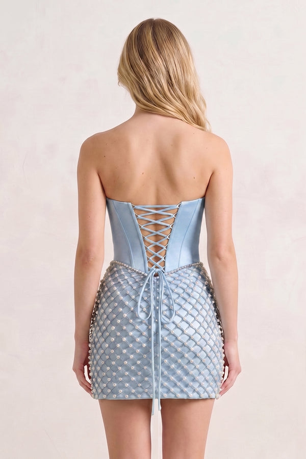 Sky Blue Corset Strapless Sheath Satin Homecoming Dress With Pearl | KISSPROM