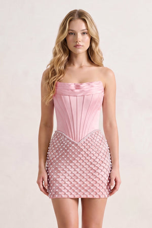 Pink Corset Strapless Sheath Satin Homecoming Dress With Pearl | KISSPROM