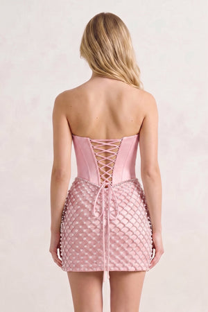 Pink Corset Strapless Sheath Satin Homecoming Dress With Pearl | KISSPROM