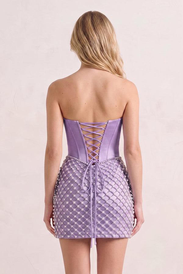 Lavender Corset Strapless Sheath Satin Homecoming Dress With Pearl | KISSPROM