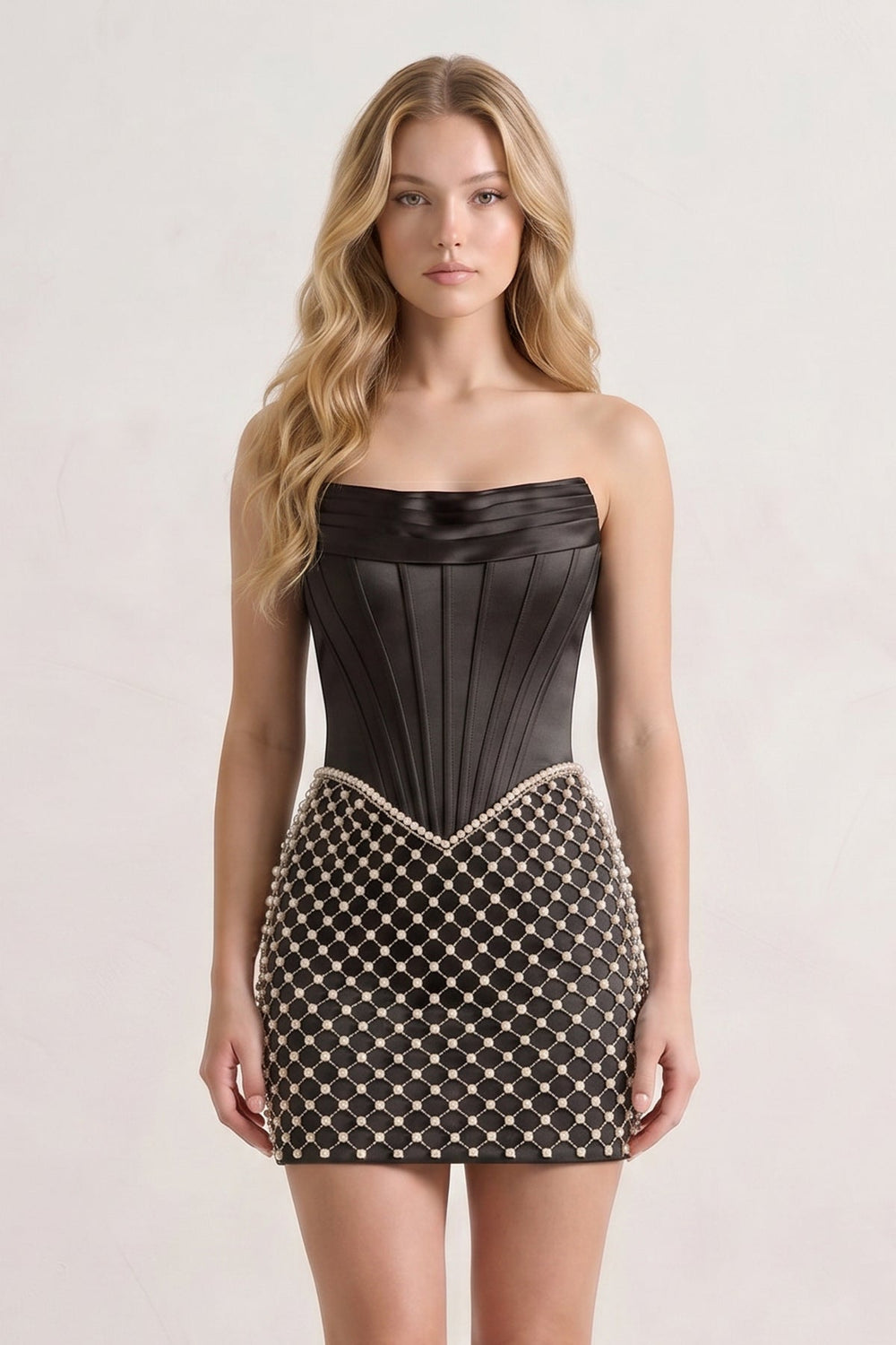 Black Corset Strapless Sheath Satin Homecoming Dress With Pearl - KISSPROM