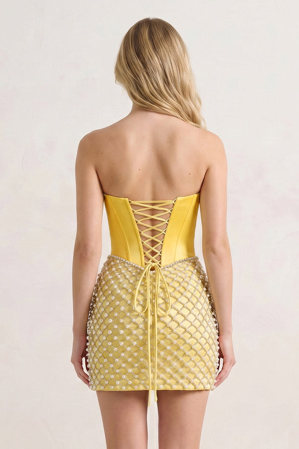 Yellow Corset Strapless Sheath Satin Homecoming Dress With Pearl - KISSPROM