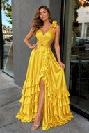 Yellow Cutout Ruffle A-Line Long Prom Dress with Slit - KissProm 