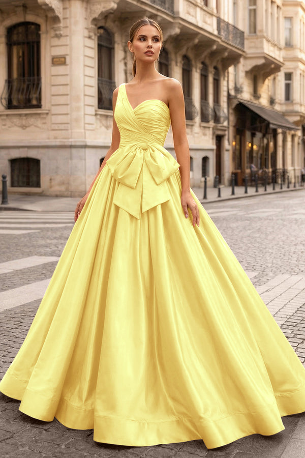 KissProm-Yellow One Shoulder Satin A Line Prom Dress With Bow