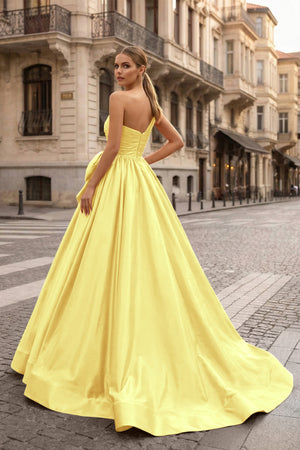 KissProm-Yellow One Shoulder Satin A Line Prom Dress With Bow