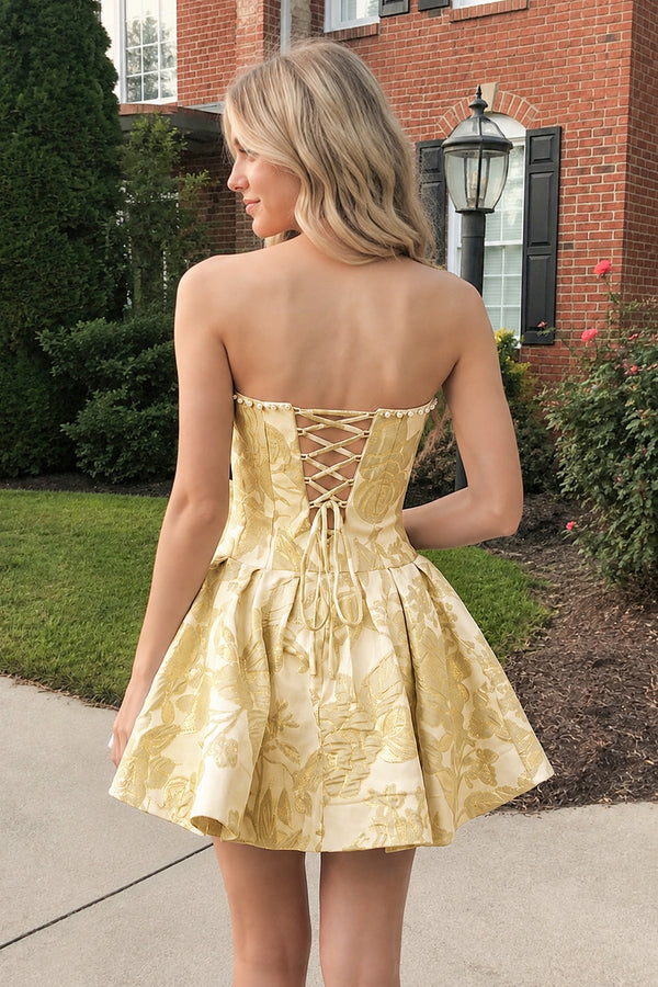 Yellow Flower Jacquard Strapless A-Line Bowknot Homecoming Dress With Pearl | KISSPROM