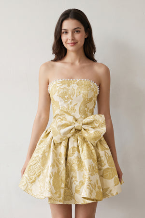 Yellow Flower Jacquard Strapless A-Line Bowknot Homecoming Dress With Pearl | KISSPROM