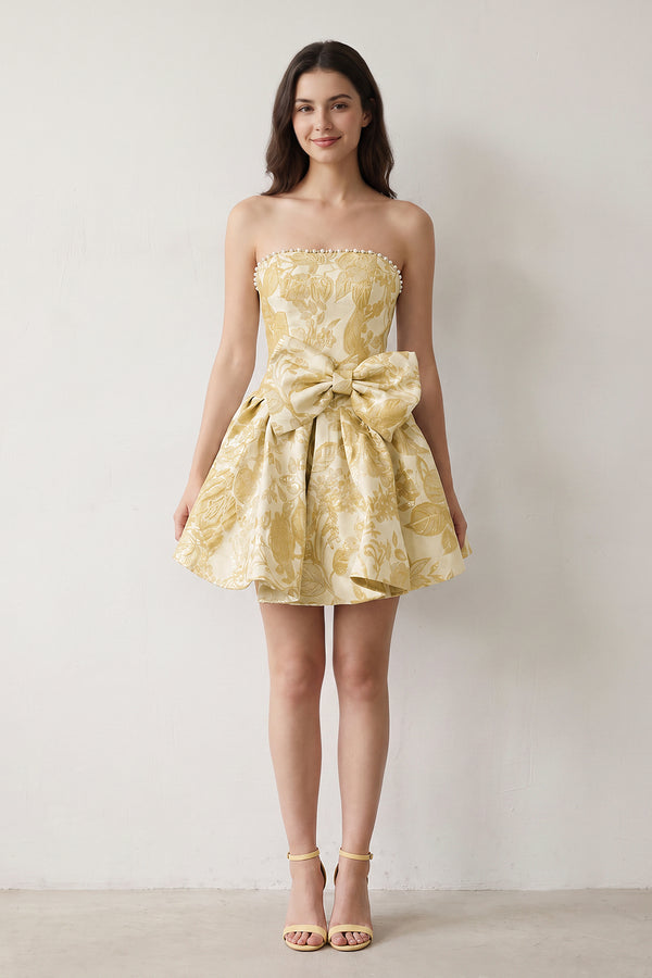 Yellow Flower Jacquard Strapless A-Line Bowknot Homecoming Dress With Pearl | KISSPROM