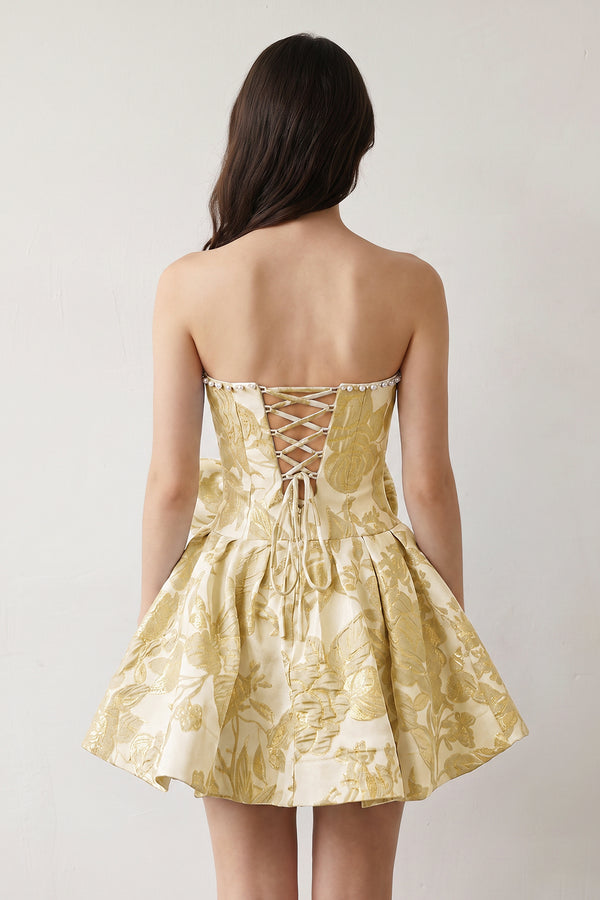 Yellow Flower Jacquard Strapless A-Line Bowknot Homecoming Dress With Pearl | KISSPROM