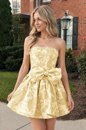 Yellow Flower Jacquard Strapless A-Line Bowknot Homecoming Dress With Pearl | KISSPROM