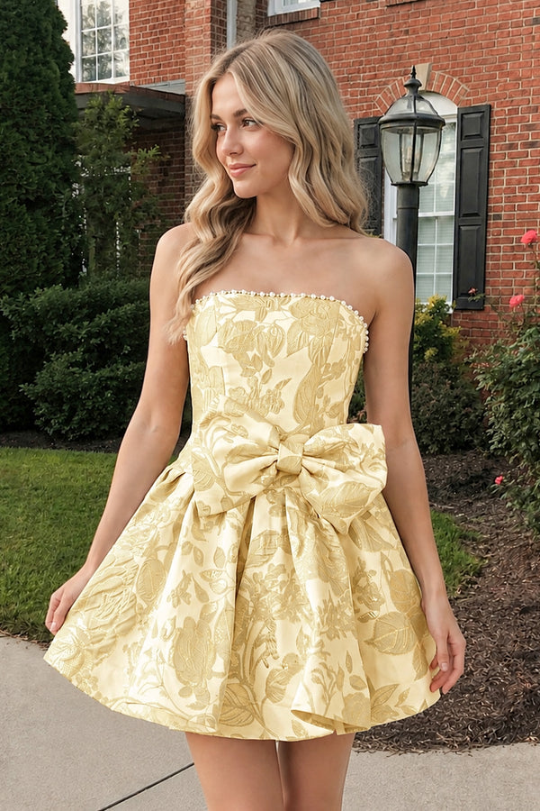 Yellow Flower Jacquard Strapless A-Line Bowknot Homecoming Dress With Pearl | KISSPROM