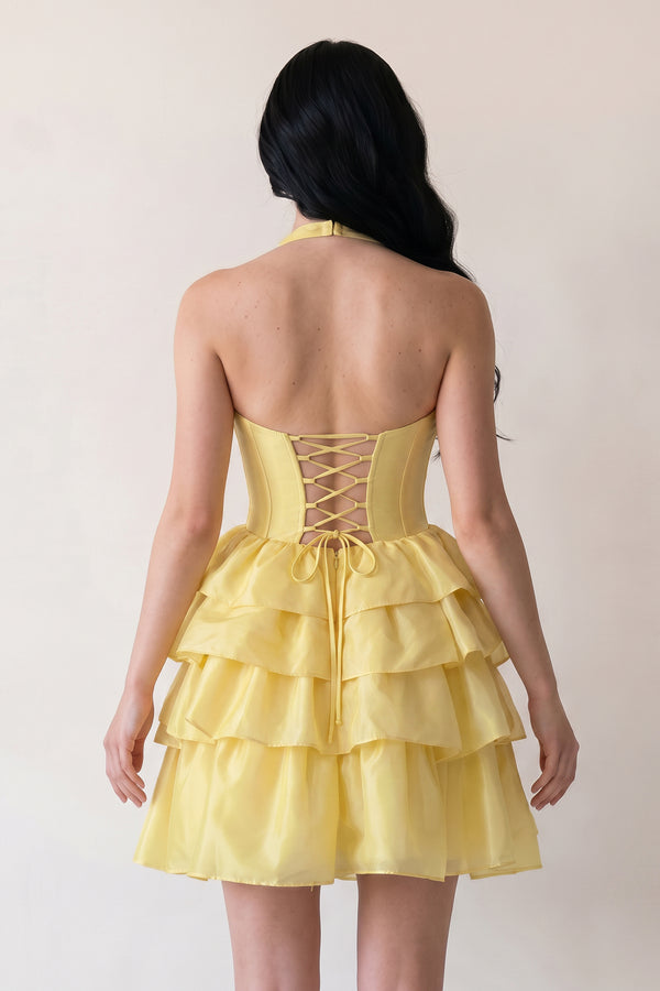 Yellow Halter A Line Ruffles Satin Homecoming Dress With Bow (2) | KISSPROM