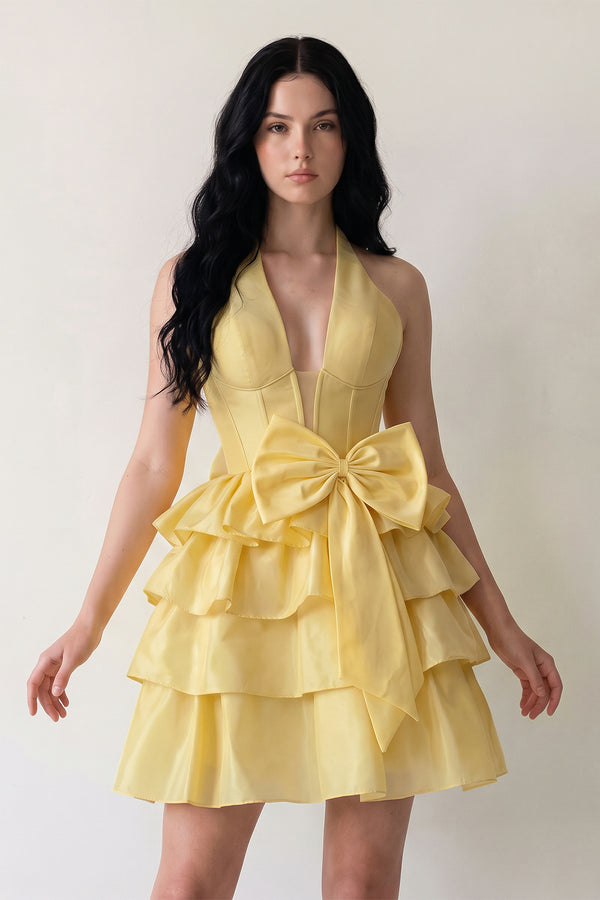 Yellow Halter A Line Ruffles Satin Homecoming Dress With Bow | KISSPROM