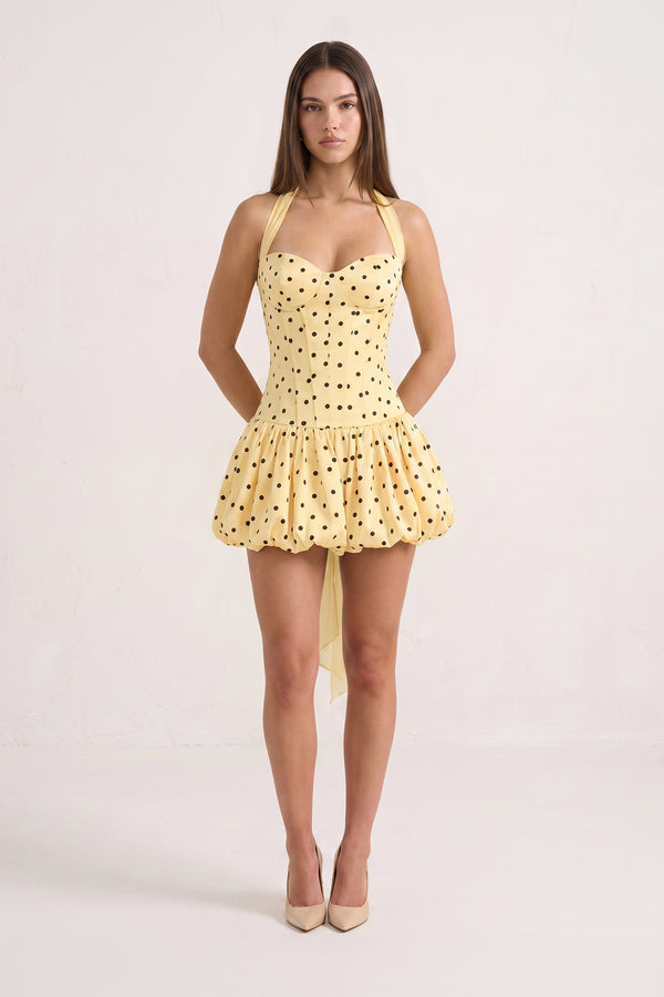 Yellow Halter A-Line Satin Polka Dots Bubble Hem Homecoming Dress | KISSPROM