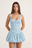 Blue Halter A-Line Satin Polka Dots Bubble Hem Homecoming Dress | KISSPROM