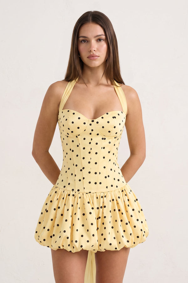 Yellow Halter A-Line Satin Polka Dots Bubble Hem Homecoming Dress | KISSPROM