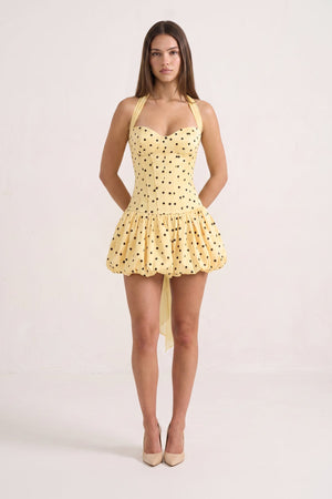 Yellow Halter A-Line Satin Polka Dots Bubble Hem Homecoming Dress | KISSPROM