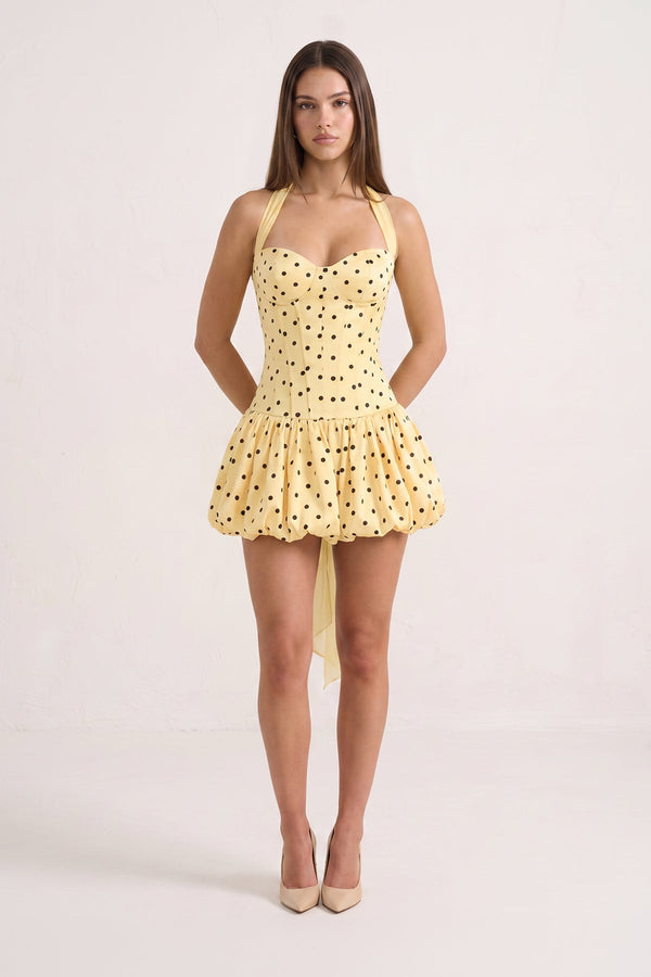 Yellow Halter A-Line Satin Polka Dots Bubble Hem Homecoming Dress | KISSPROM