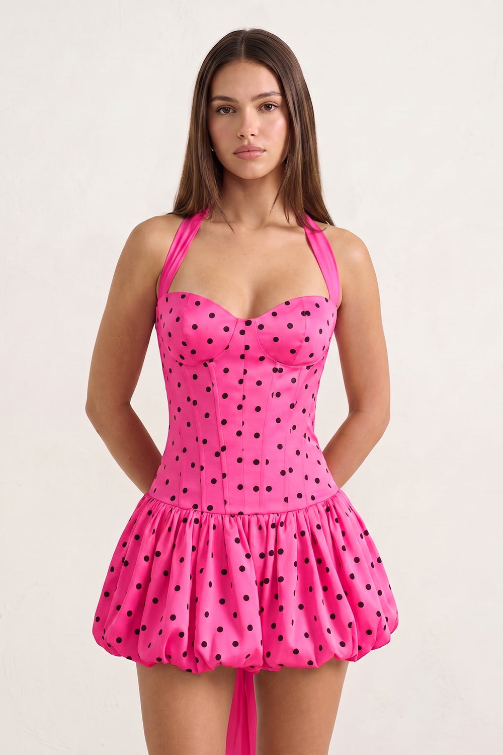 Fuchsia Halter A-Line Satin Polka Dots Bubble Hem Homecoming Dress | KISSPROM