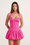 Fuchsia Halter A-Line Satin Polka Dots Bubble Hem Homecoming Dress | KISSPROM