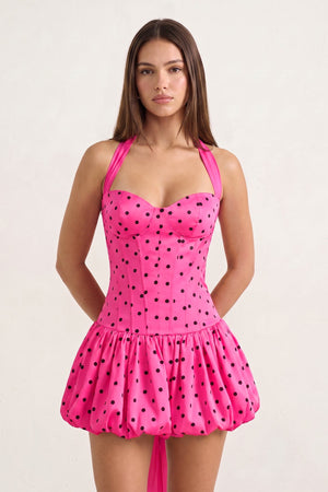 Fuchsia Halter A-Line Satin Polka Dots Bubble Hem Homecoming Dress | KISSPROM
