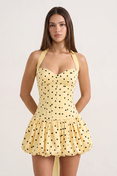 Yellow Halter A-Line Satin Polka Dots Bubble Hem Homecoming Dress | KISSPROM