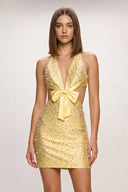 Yellow Halter Cut-Out Satin Sheath Homecoming Dress with Bow and Pearl | KISSPROM