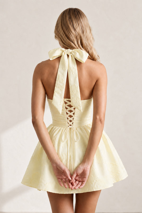 Yellow Halter Jacquard Ruched A-Line Homecoming Dress - KissProm