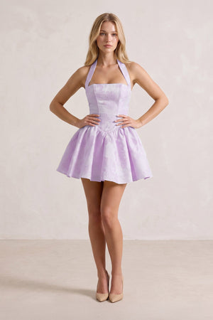 Lavender Halter Jacquard Ruched A-Line Homecoming Dress | KISSPROM