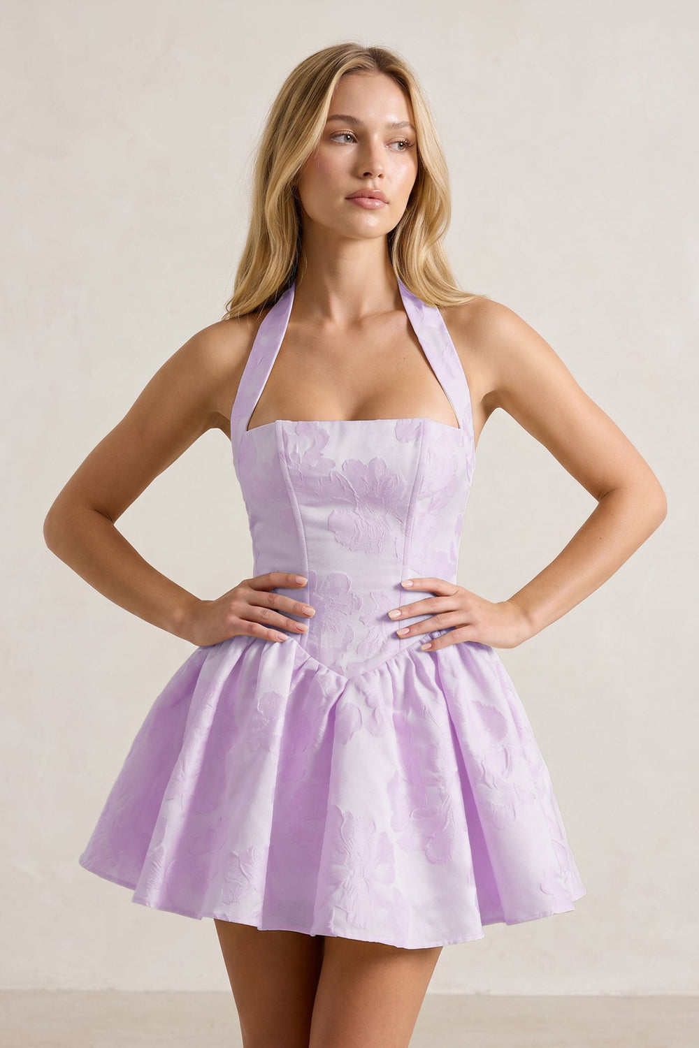 Lavender Halter Jacquard Ruched A-Line Homecoming Dress | KISSPROM