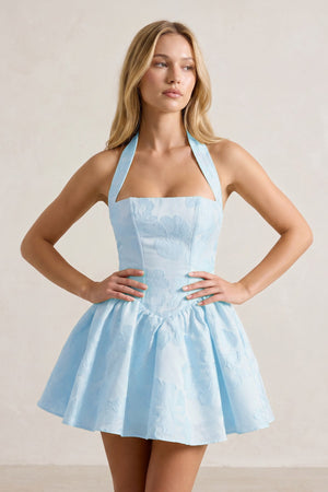 Sky Blue Halter Jacquard Ruched A-Line Homecoming Dress | KISSPROM