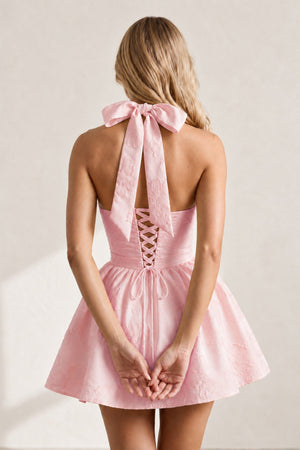 Pink Halter Jacquard Ruched A-Line Homecoming Dress | KISSPROM