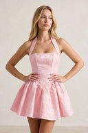 Pink Halter Jacquard Ruched A-Line Homecoming Dress | KISSPROM