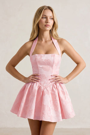 Pink Halter Jacquard Ruched A-Line Homecoming Dress | KISSPROM