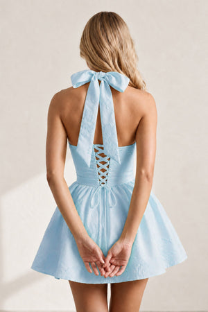 Sky Blue Halter Jacquard Ruched A-Line Homecoming Dress | KISSPROM