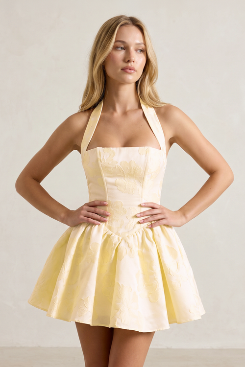 Yellow Halter Jacquard Ruched A-Line Homecoming Dress - KissProm