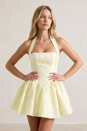 Yellow Halter Jacquard Ruched A-Line Homecoming Dress - KissProm