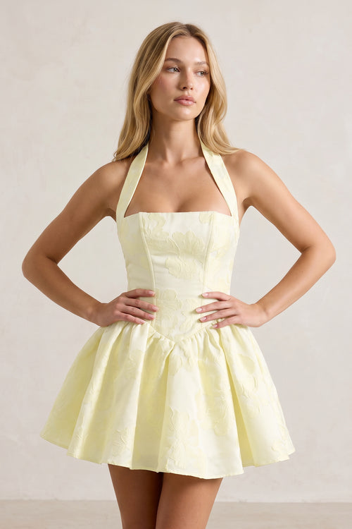 Yellow Halter Jacquard Ruched A-Line Homecoming Dress - KissProm