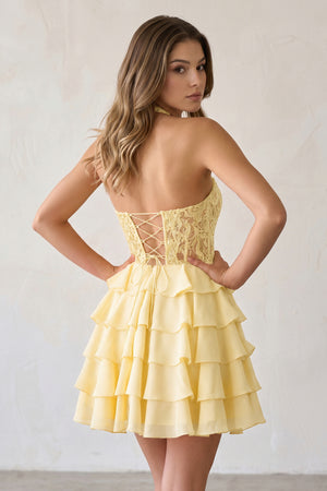 Yellow Halter Lace and Chiffon Ruffle Homecoming Dress | KISSPROM