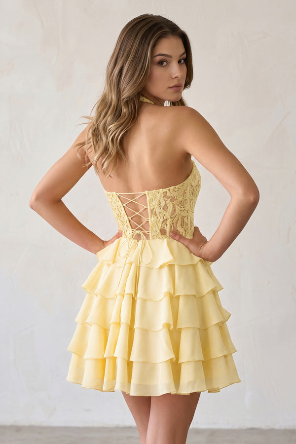 Yellow Halter Lace and Chiffon Ruffle Homecoming Dress | KISSPROM