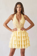 Yellow Halter Lace and Chiffon Ruffle Homecoming Dress | KISSPROM